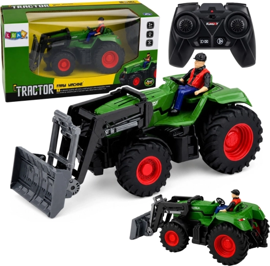 Daljinsko voden RC traktor s čelnim nakladalnikom in figurico kmeta 1:24
