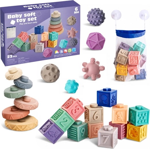 Mehke gumijaste izobraževalne kocke z živalmi, številkami in vzorci (27 kosov)