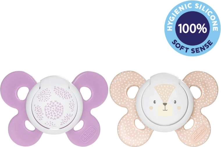 Chicco Physio Comfort silikonska duda Physioforma 6–16 mesecev, 2 kosa (dekliški motiv mačka/pike)