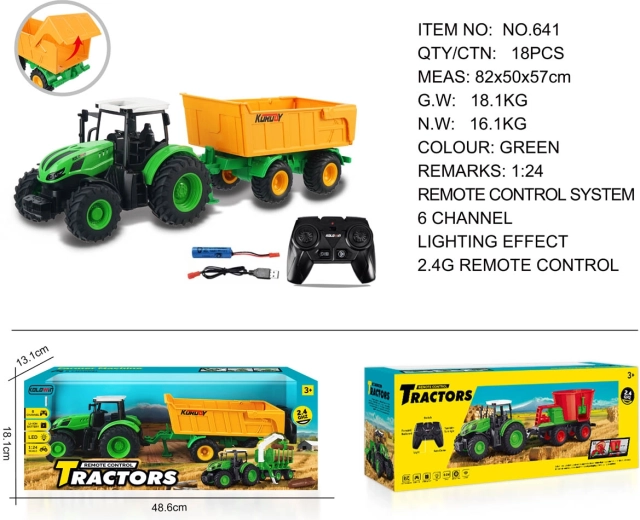 Daljinsko voden traktor z odpirajočo se rumeno prikolico 1:24