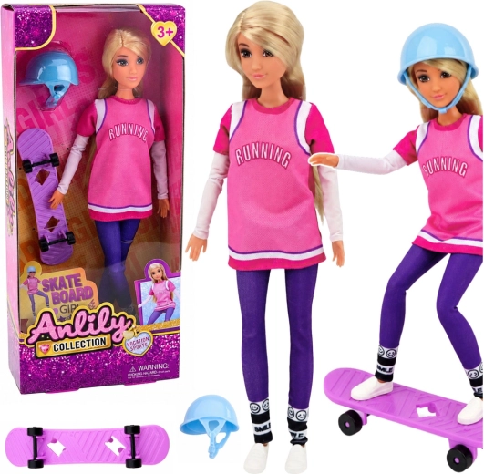 Anlily rolkarka – lutka z vijoličnim skateboardom in čelado 30 cm