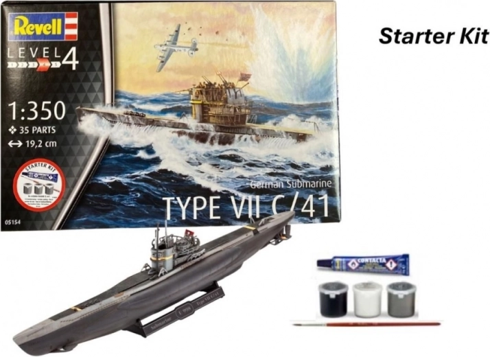 Revell starter kit 1:350 nemška podmornica type vii c/41 – plastični model