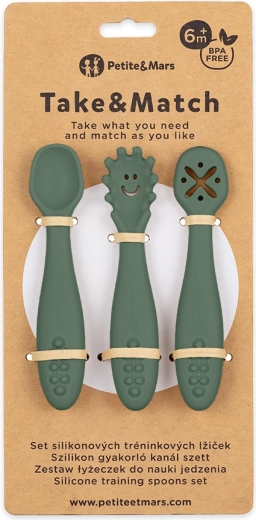 Petite&Mars silikonske učne žličke Take&Match Misty Green – 3 kosi