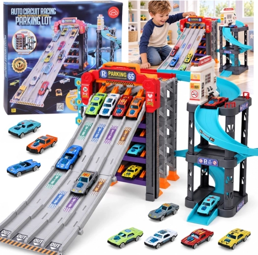 Five-level car track and parking garage 4-in-1 with spiral ramp, launcher and gas station + 8 cars