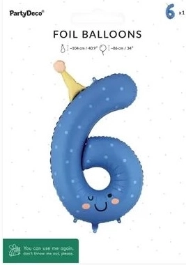 PartyDeco folijski balon številka 6 moder 86 cm
