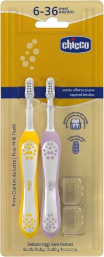 Chicco komplet otroških zobnih ščetk Lilac-Mustard 6–36 m, 2 kosa