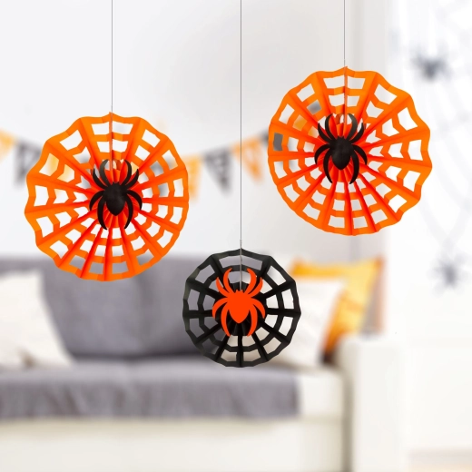 Halloweenska papirnata dekoracija pajkova mreža s pajkom 30/40 cm – 3 kosi