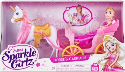 Punčka princesa z samorogom in kočijo SPARKLE GIRLZ 26,5 cm