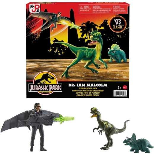 Jurassic World – komplet figur Ian Malcolm z dinozavri spremljevalci in jadralom