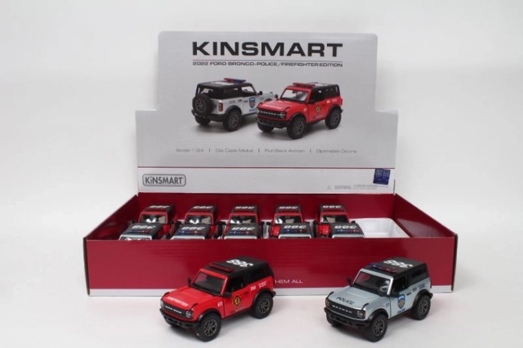 Policijski ali gasilski Ford Bronco 1:34 z odpiralnimi vrati in pull-back pogonom