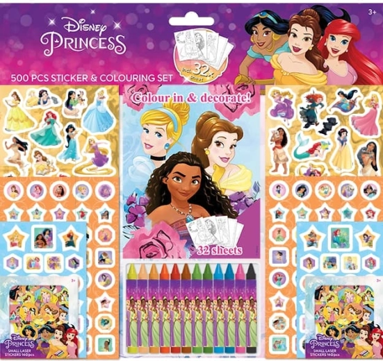 Disney princeske – set nalepk z pobarvankami in voščenkami (500 kosov)