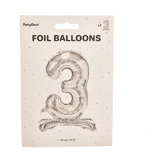 Stoječi folijski balon številka 3 srebrn 70 cm