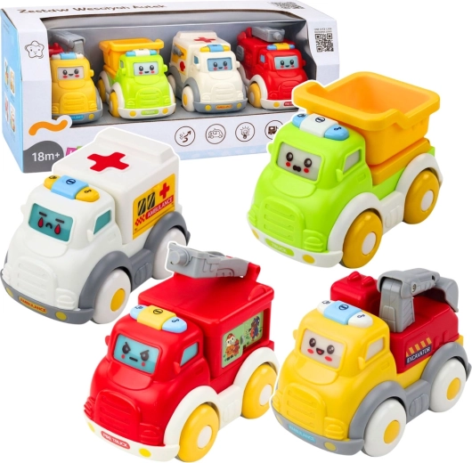 Mestna avtomobilčka za malčke z mehanskim pogonom, lučmi in zvoki – set 4 vozil