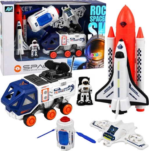 Vesoljski komplet z raketo, raketoplanom, satelitom, dronom, astronavtom in vozilom