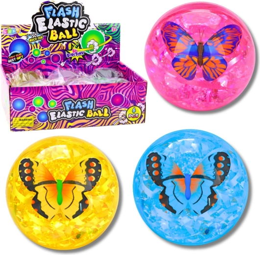 svetleča skakajoča žogica s konfeti in metuljem 9 cm