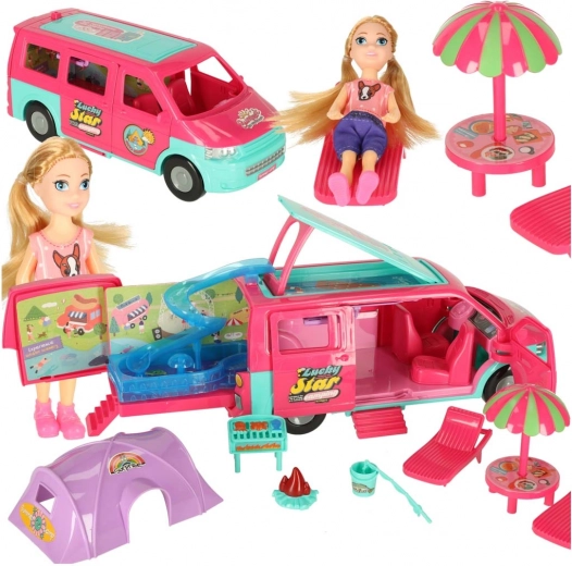 Kamp prikolica za punčke s pripomočki in bazenom