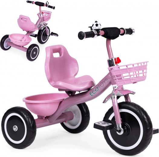 Otroški tricikel z nedrsečimi ročaji, zvončkom in košarico, roza ECOTOYS