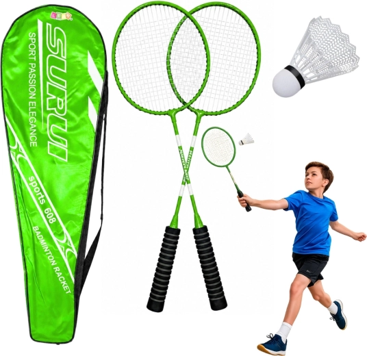 Zeleni komplet za badminton z 2 loparjema, žogico in etuijem