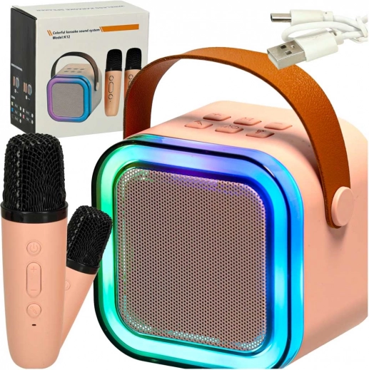 Karaoke set z bluetooth zvočnikom, 2 brezžična mikrofona in LED osvetlitvijo 6 W – rožnata