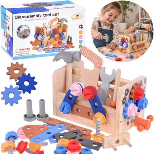 Wooden children's toolbox case with tools and a mini workshop