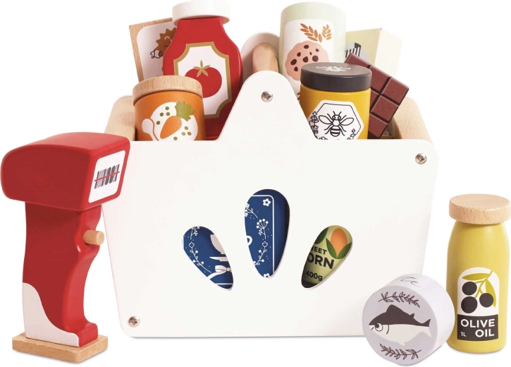 Le Toy Van wooden shopping basket with groceries and scanner for children