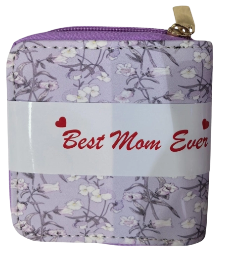 Pink women's wallet with a purple floral motif