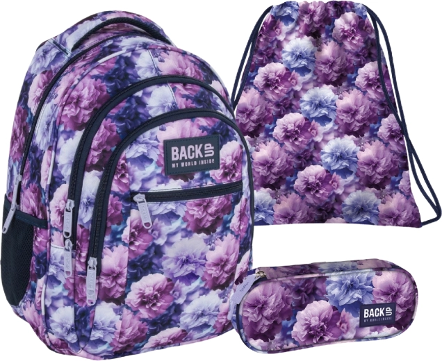 Šolski set BackUP Violet Flowers 3v1 – nahrbtnik, peresnica in vrečka
