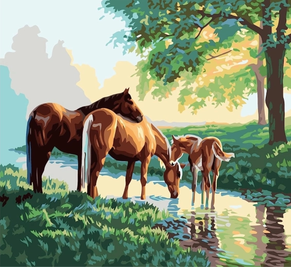Slikanje po številkah Konjska družina ob potoku 40 × 50 cm
