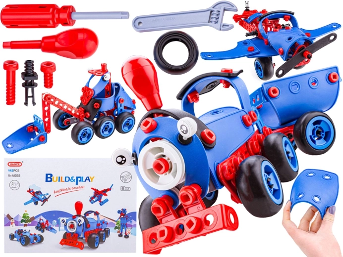 Elastic construction blocks 142 pieces 6-in-1 – train, airplane, helicopter and screw-together car