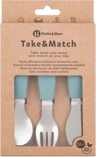 Petite&Mars set otroškega jedilnega pribora iz nerjavečega jekla Take&Match Frosted Sky 12m+