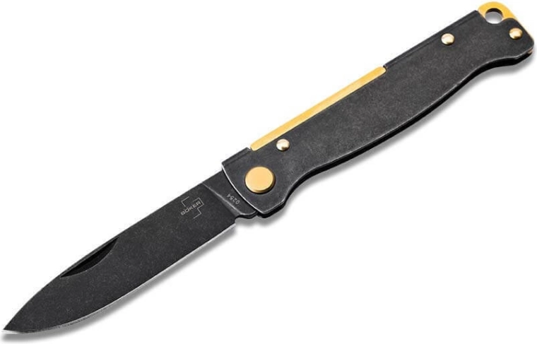 Žepni nož Böker Plus Atlas, 7,2 cm, črna obdelava Blackwash, medeninasti poudarki