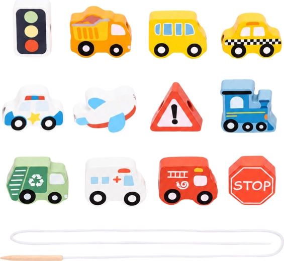 13 wooden pieces with a transport theme