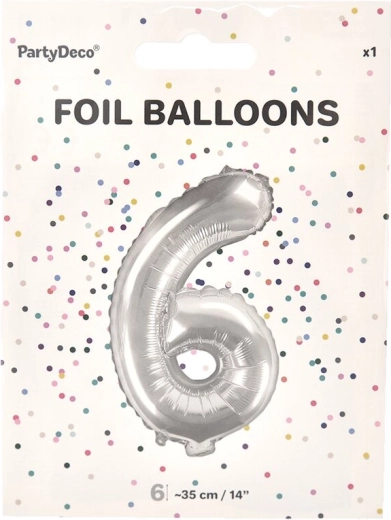 Folijski balon številka 6, srebrn, 35 cm