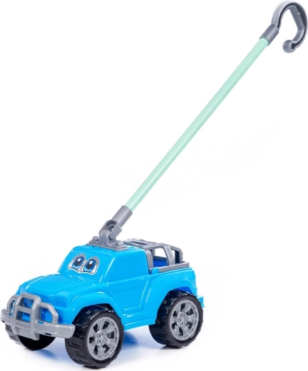 Vlečni modri avtomobilček z ročajem za otroke