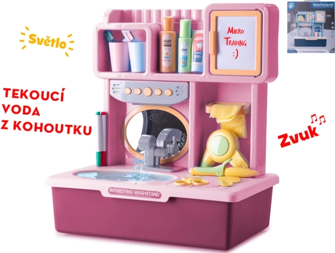 Interaktivno rožnato otroško umivalnik z lučjo, zvokom in tekočo vodo