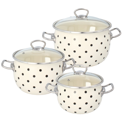 Komplet 3 emajliranih loncev s pokrovi, bele pikice 2,5 l, 3,5 l, 5 l