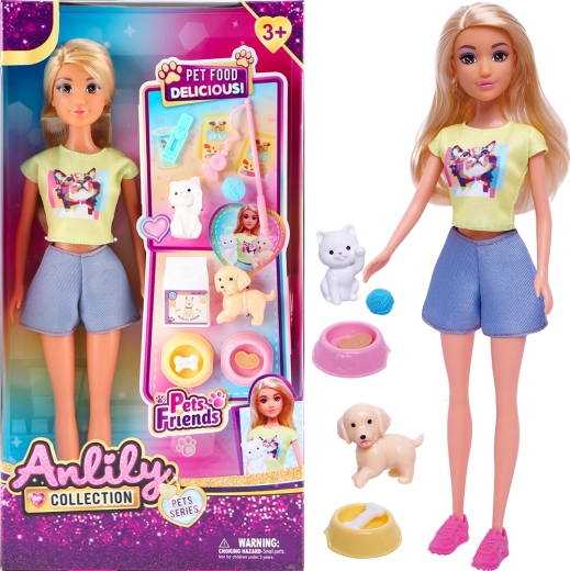 Punčka z mačko, kužkom in posodicama za hranjenje