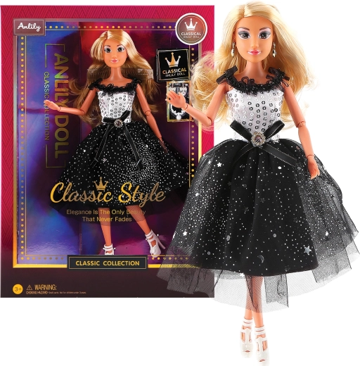 Modna punčka v črno‑belih večernih oblačilih