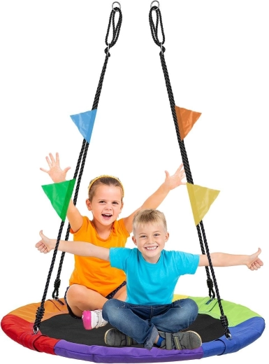 Vrtna gugalnica tipa <strong>štorkljino gnezdo</strong> XL 100 cm, 150 kg, večbarvna z zastavicami