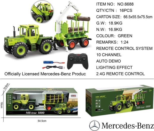 Zeleni RC traktor Mercedes-Benz s prikolico za les in žerjavom 1:24