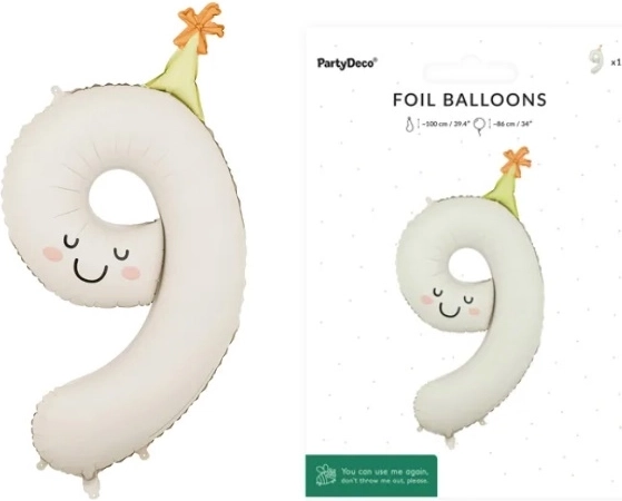 Folijski balon številka 9 kremne barve z obrazom