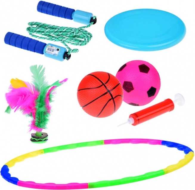 Športni set 5-v-1 za otroke – hula hoop, frizbi, skakalna kolebnica, žogice in pernata košarkarska lotka