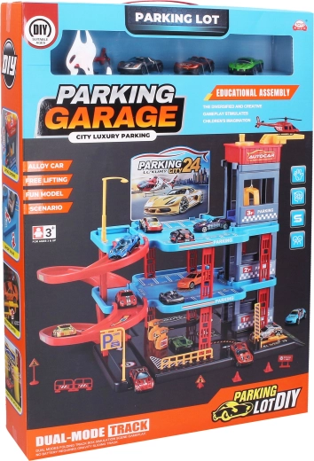 Multi-level garage with lift, 3 metal cars and a helicopter
