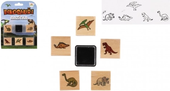 Leseni žigi dinozavri 5+1 s blazinico, 3 × 3 cm