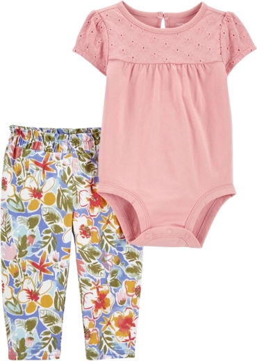 Carter's 2-delni komplet za dojenčka: bodi s kratkimi rokavi in pajkice Pink Embroidery – 3m