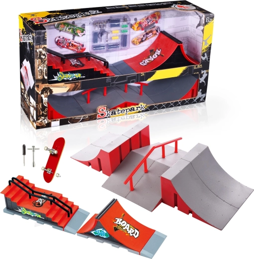 Set skateparka za fingerboard XL s stopnicami, ograjo in 2 fingerboardoma