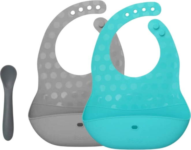Bblüv Pöket set silikonskih slinčkov in žličke aqua/siva