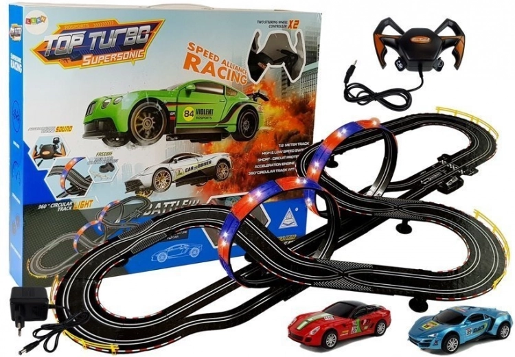 Tekmovalna steza 1:43 z 2 avtomobilčki Top Turbo z lučmi, dolžina 7,6 m