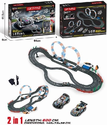 Dirkalna avtomobilska steza 2v1 z zanko, 2 avtomobila, 600 cm, 1:43