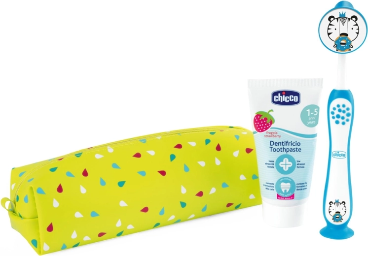 Chicco potovalni komplet za ustno higieno z zobno ščetko in zobno pasto tiger (3 leta+)